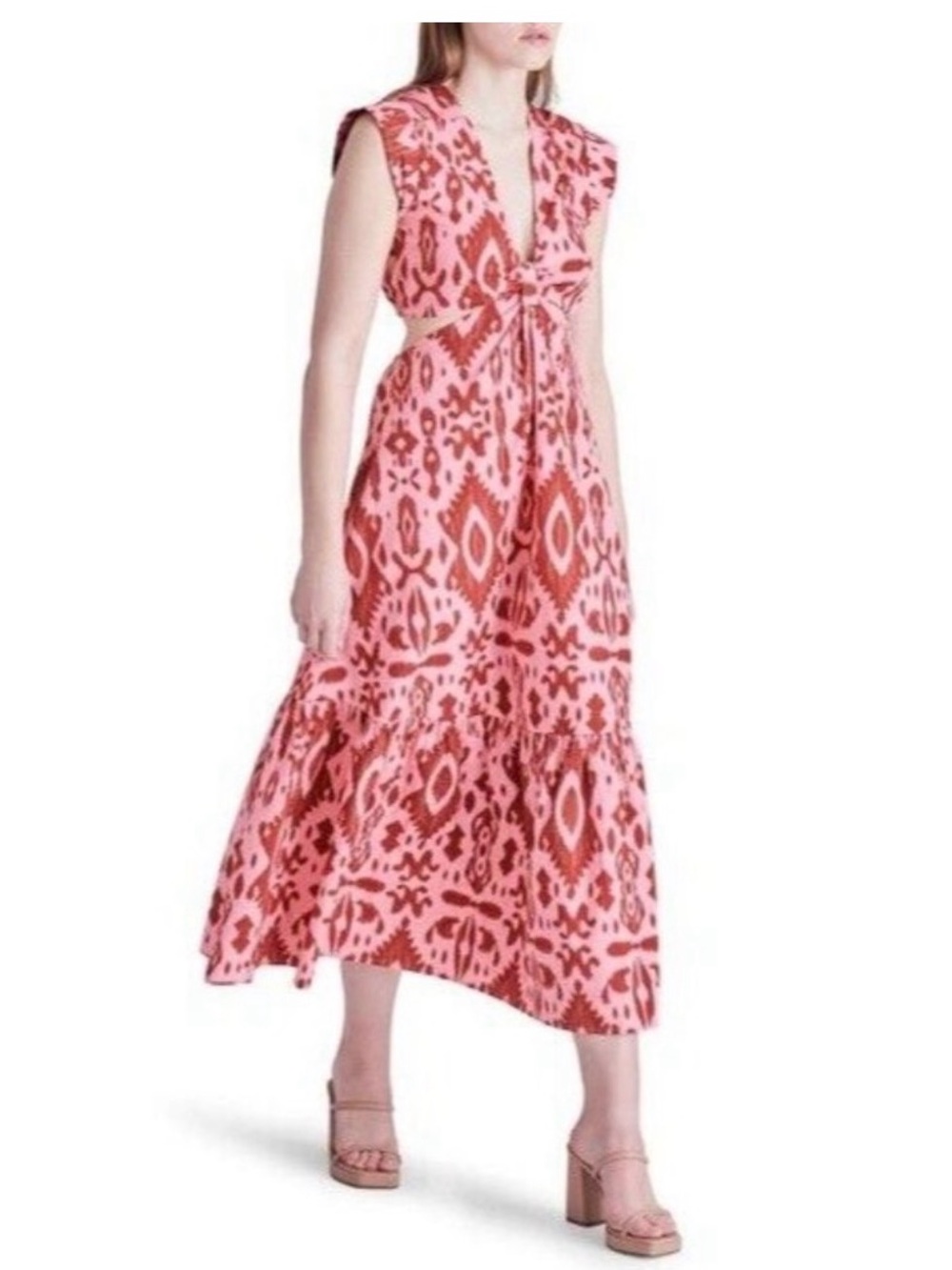 Steve Madden Red and Coral Ikat Cut Out Maxi Dress with Tie Front